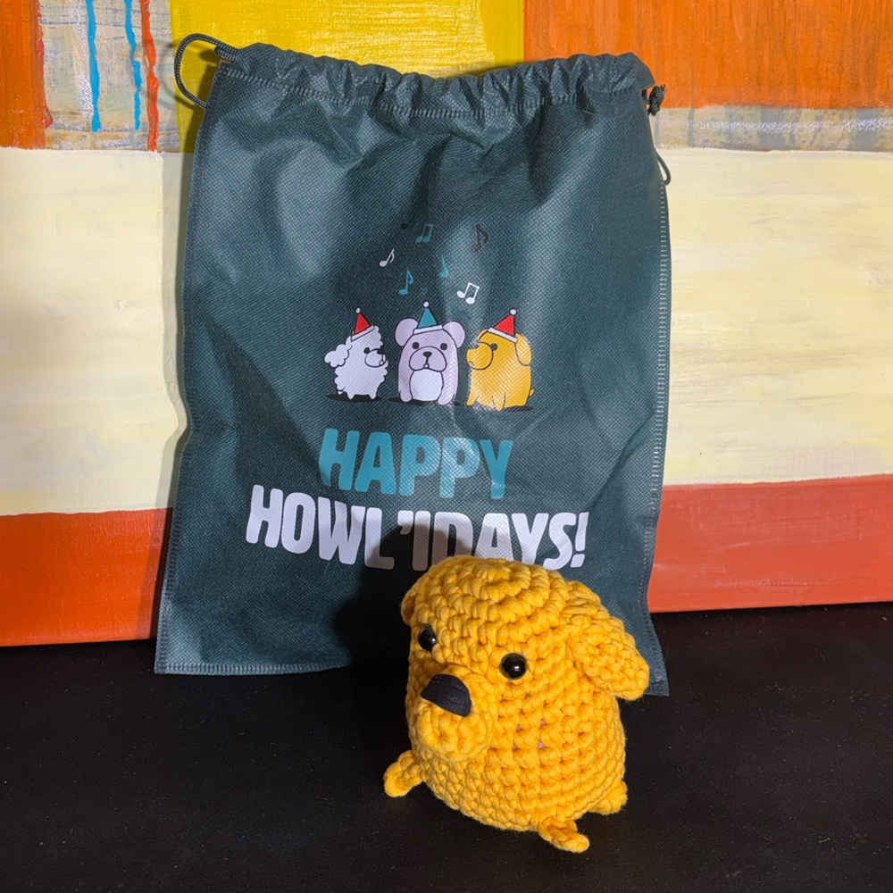 Yellow Crocheted Buster the Labrador with Drawstring  Gift Bag
